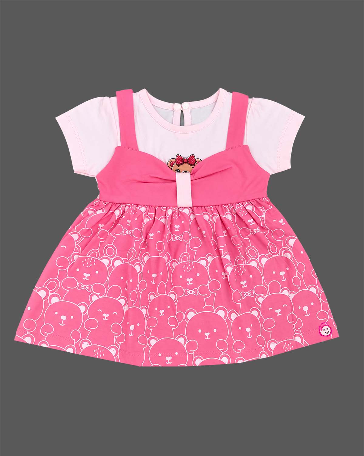 Pink baby girl cute teddy printed infants frock with bow detail