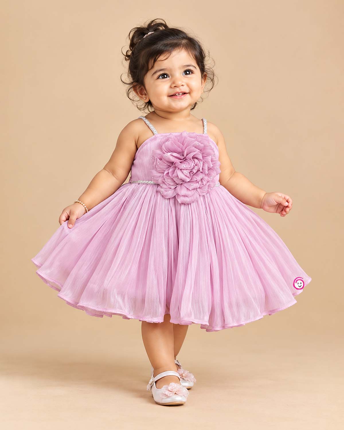 Kids party wear strappy shimmer organza pleated frock set with matching headband and soft booties.