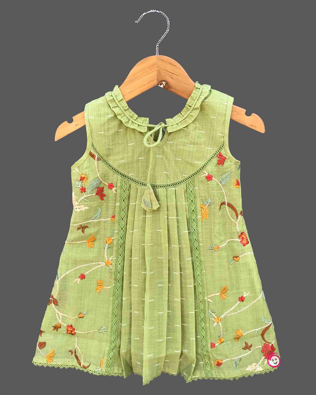 Baby girl floral embroidered frock with round neck and tassel tie for family function and birthday party