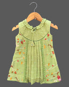 Baby girl floral embroidered frock with round neck and tassel tie for family function and birthday party