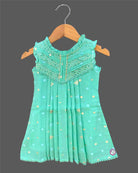 Toddler sequined chiffon frock with embroidered yoke and front pleats for festive celebration and party wear