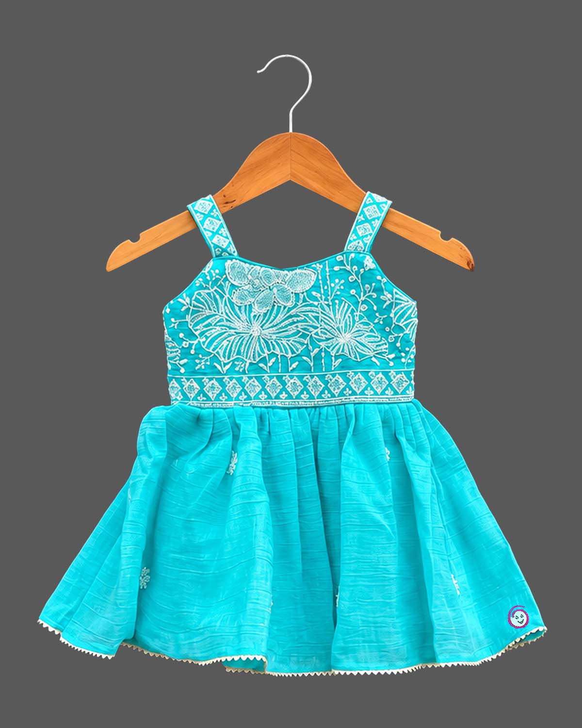 Kids sharara set with floral embroidered bodice, strappy peplum top and flared gota-trim sharara pants