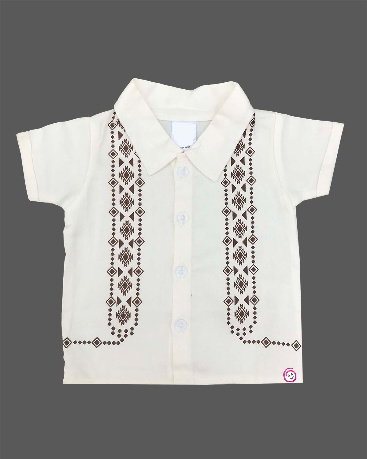 Short sleeve collared shirt with geometric front motifs paired with ribbed corduroy shorts for boys