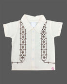 Short sleeve collared shirt with geometric front motifs paired with ribbed corduroy shorts for boys