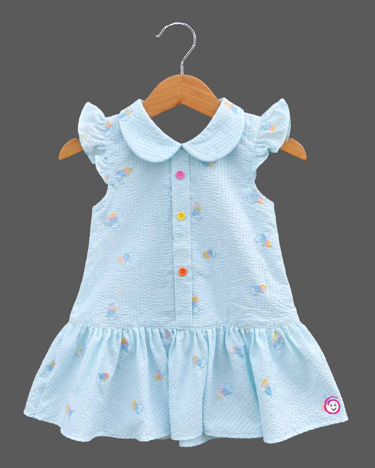 Infant casual frock featuring a collar neck  front buttons, and casual wear for baby girl style