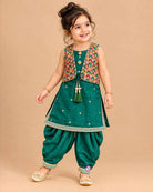 Sleeveless short kurti with attached embroidered jacket and pleated dhoti patiyala pants for kids[cite: 5].