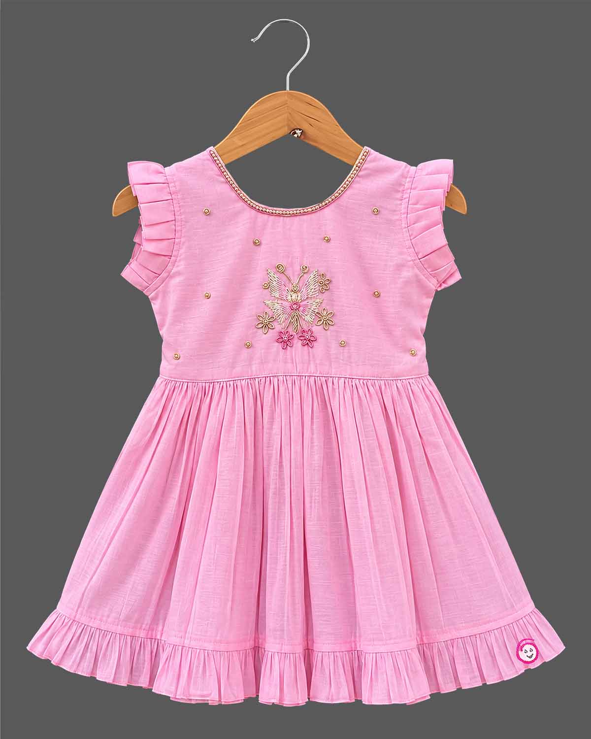 Toddler silk cotton frock with embroidery and ruffled trim for festive ethnic wear