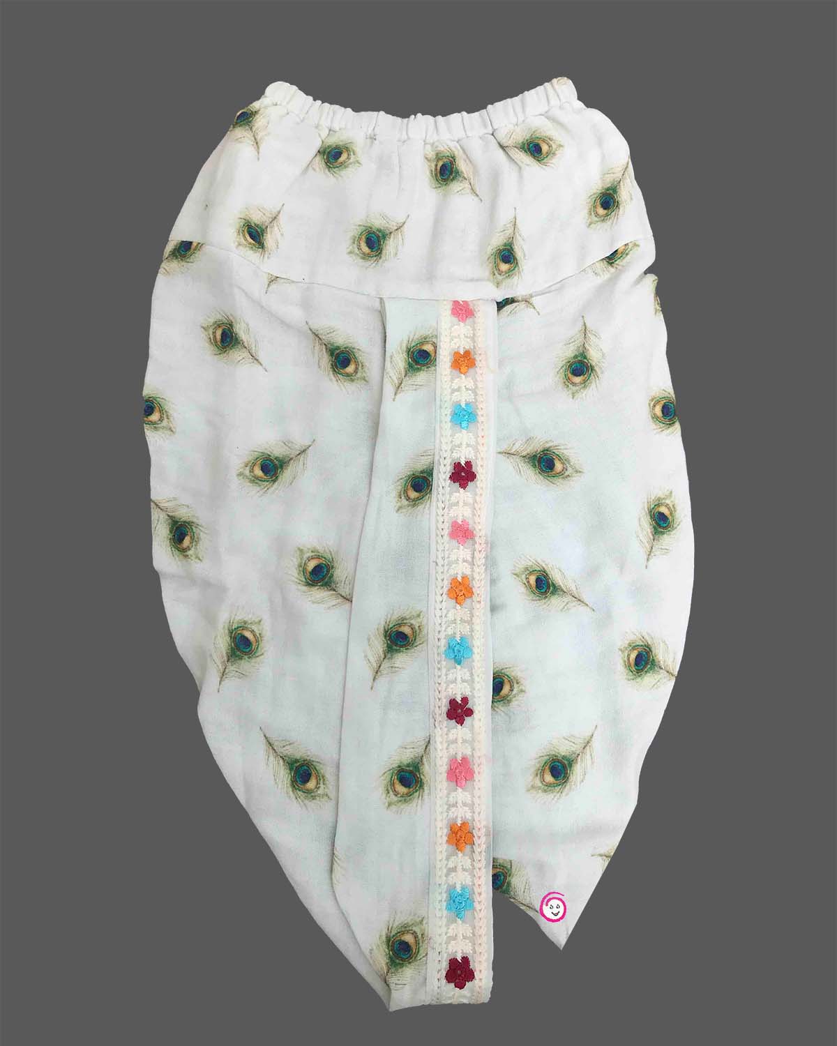 Baby boy feather print cotton Krishna costume with dhoti stole floral headband and flute for Janmashtami