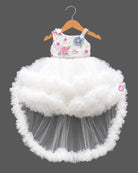 Baby party wear dress featuring floral bodice with tiered ruffle tulle skirt and train
