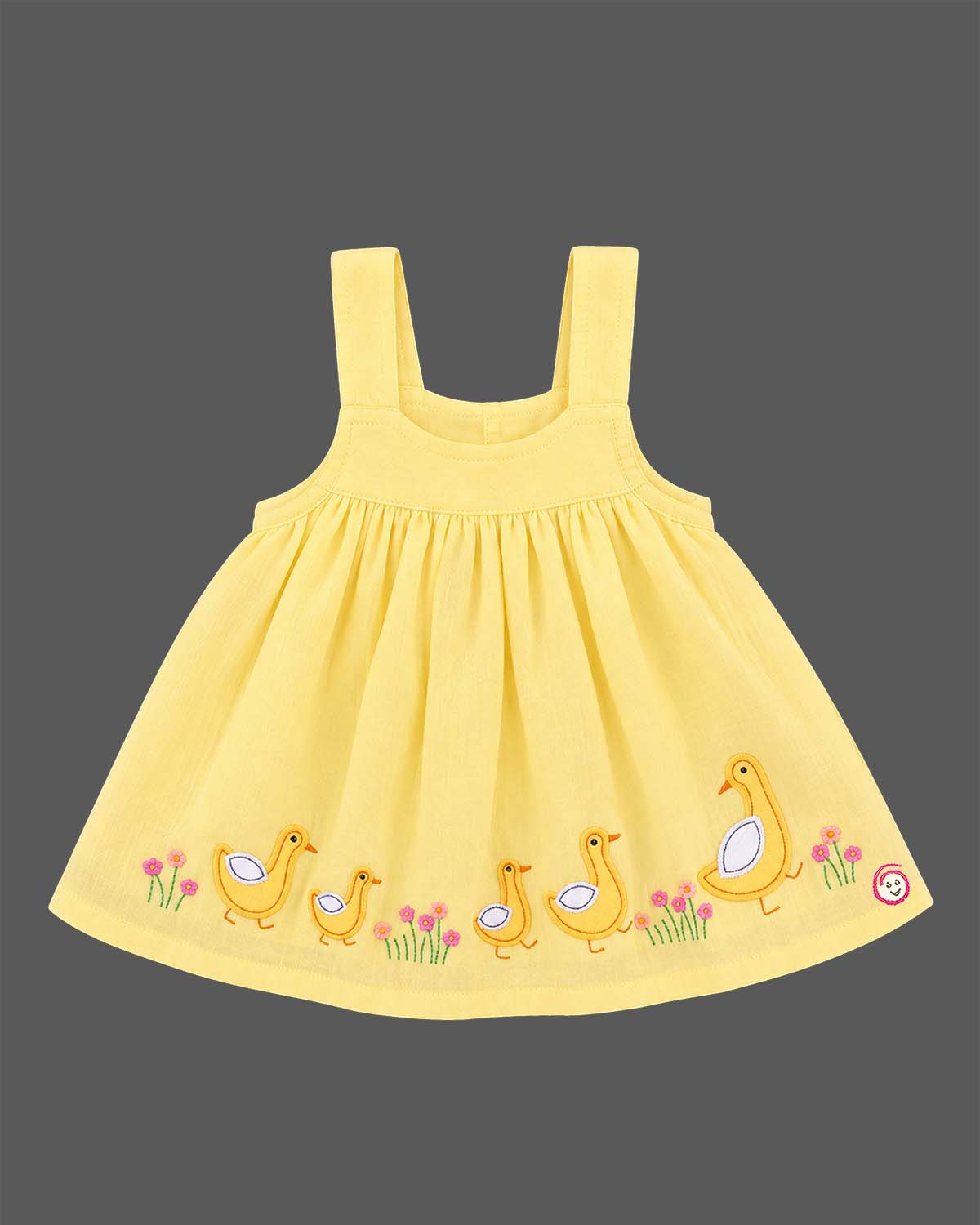 Infants frock set featuring a puff sleeve t-shirt and embroidered pinafore dress for girls.