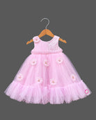 Little girl in soft pink net frock with floral appliqués and shimmer bodice for birthday parties