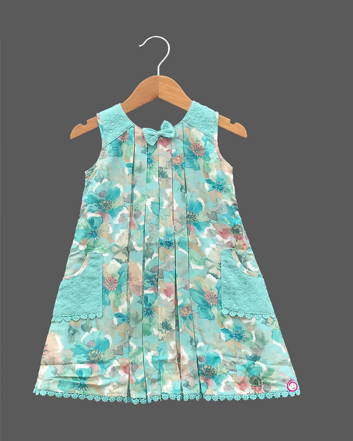 Girls sleeveless flower printed casual frock - Sea Green