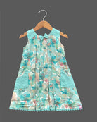 Girls sleeveless flower printed casual frock - Sea Green