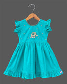 toddler cotton silk frock with elephant embroidery and ruffle sleeves for birthday party