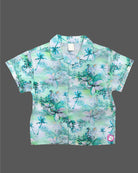 Kids short sleeve button up printed shirt with elastic waistband shorts outfit