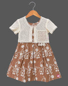 Little girl brown embroidered cotton frock with off-white lace shrug jacket for casual wear and parties