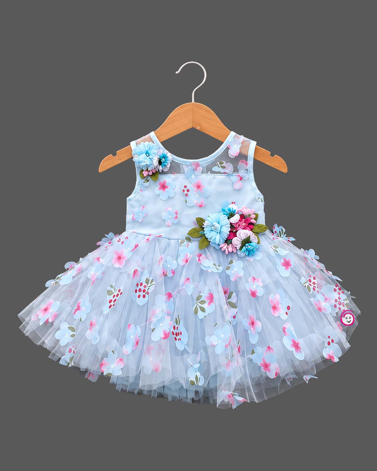 Floral appliqué tulle baby party wear dress with layered net skirt and illusion neckline