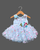 Floral appliqué tulle baby party wear dress with layered net skirt and illusion neckline