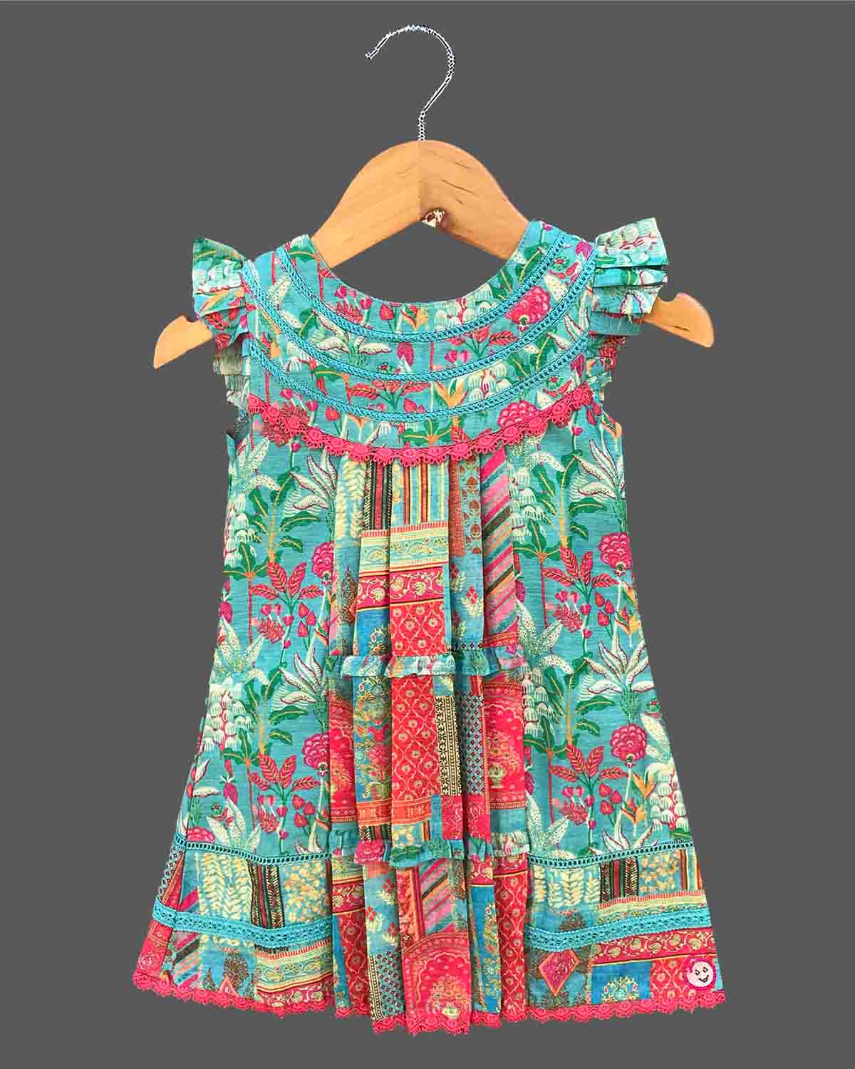 Toddler printed cotton frock with frill sleeve and lace trimming for casual outing and birthday party