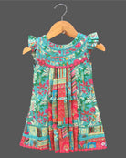 Toddler printed cotton frock with frill sleeve and lace trimming for casual outing and birthday party