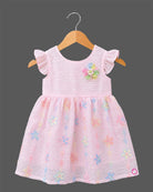 Infant textured floral casual frock with flutter sleeves and chest brooch detail