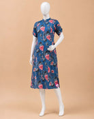 Maternity printed cotton feeding top featuring front button placket and short sleeves