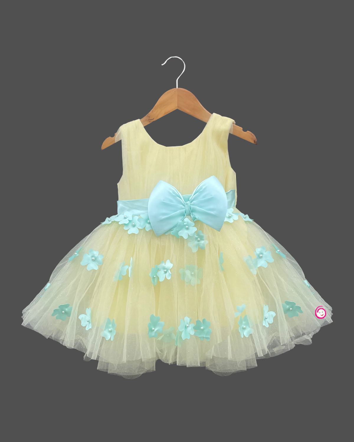 Girls bow applique with ruffled frock - Light Yellow