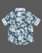 Boys party wear floral printed shirt with spread collar and roll-up sleeves for kids event celebrations.