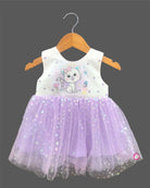 Sleeveless toddler frock featuring a cartoon kitten graphic bodice and a layered shimmer tulle skirt with printed hearts.