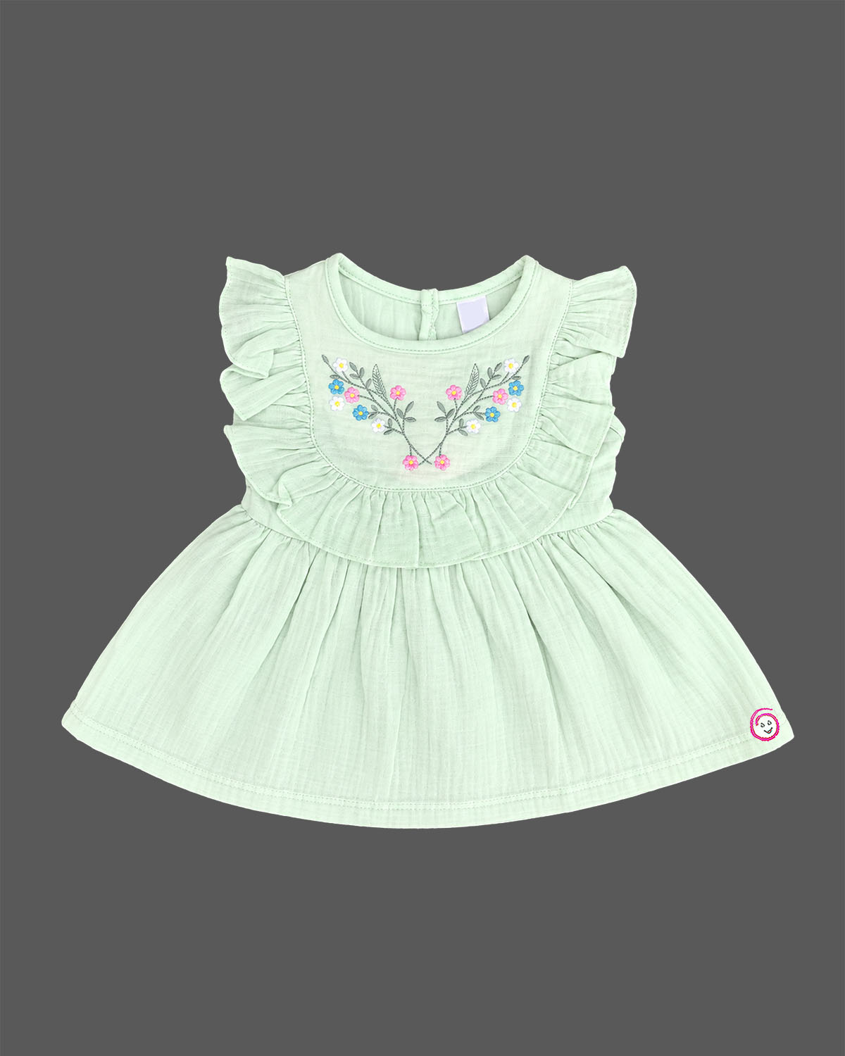 Light green baby girl infants frock with floral embroidery and frill sleeve