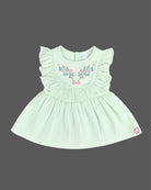 Light green baby girl infants frock with floral embroidery and frill sleeve