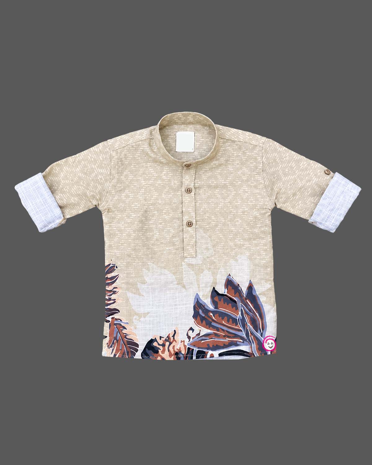 Mandarin collar shirt with roll-up sleeves for party wear for boys with printed hemline.