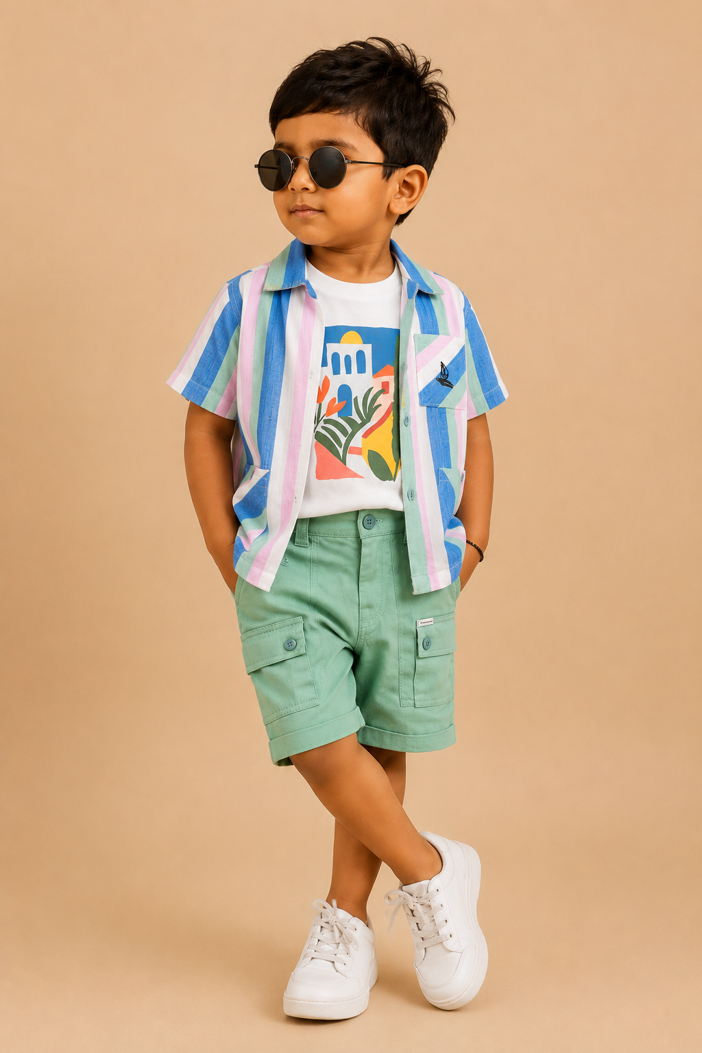 Boys multi pocket vertical striped shirt with matching cargo shorts two piece outfit