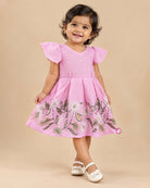 Pink cotton linen embroidered infant casual frock with butterfly sleeve