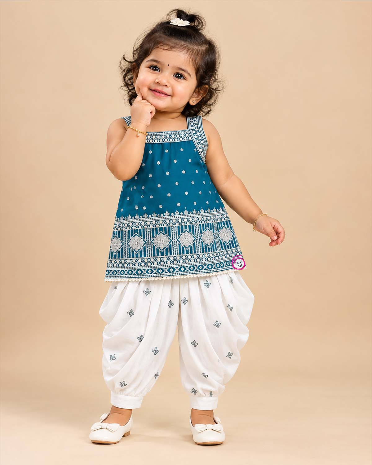 Baby Girl Silk Blend Kurti Dhoti Set with Detailed Thread Embroidery and Mirror Work