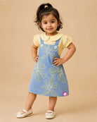 Girls western wear double peter pan collar puff sleeve muslin cotton top layered under an embroidered muslin cotton pinafore dress for playdates, birthdays, and casual outings