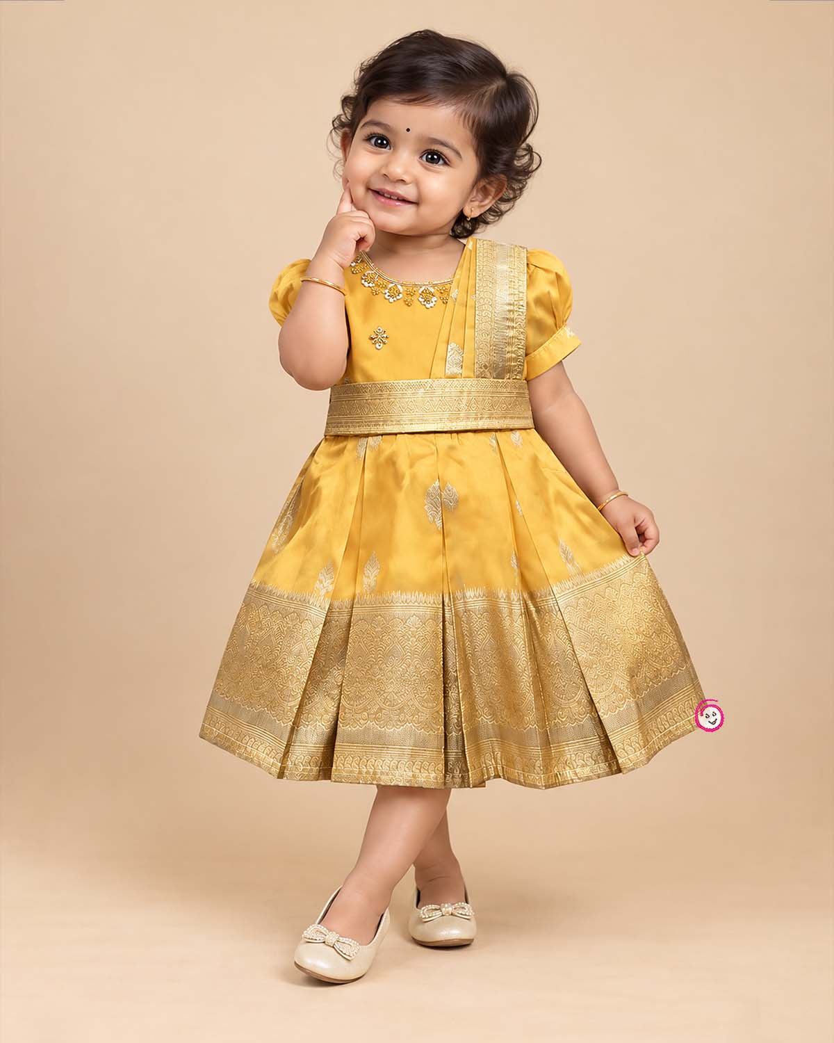 Toddler yellow cotton silk frock with border for festive wear