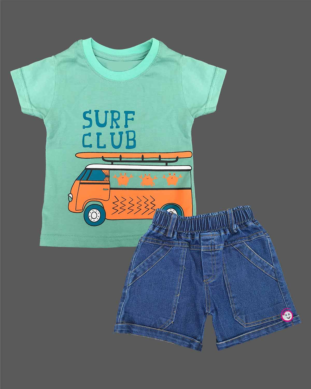 Seafoam green graphic t-shirt with Surf Club print and blue denim elasticated shorts baby boy top and shorts set for summer vacations, playdates, and park outings
