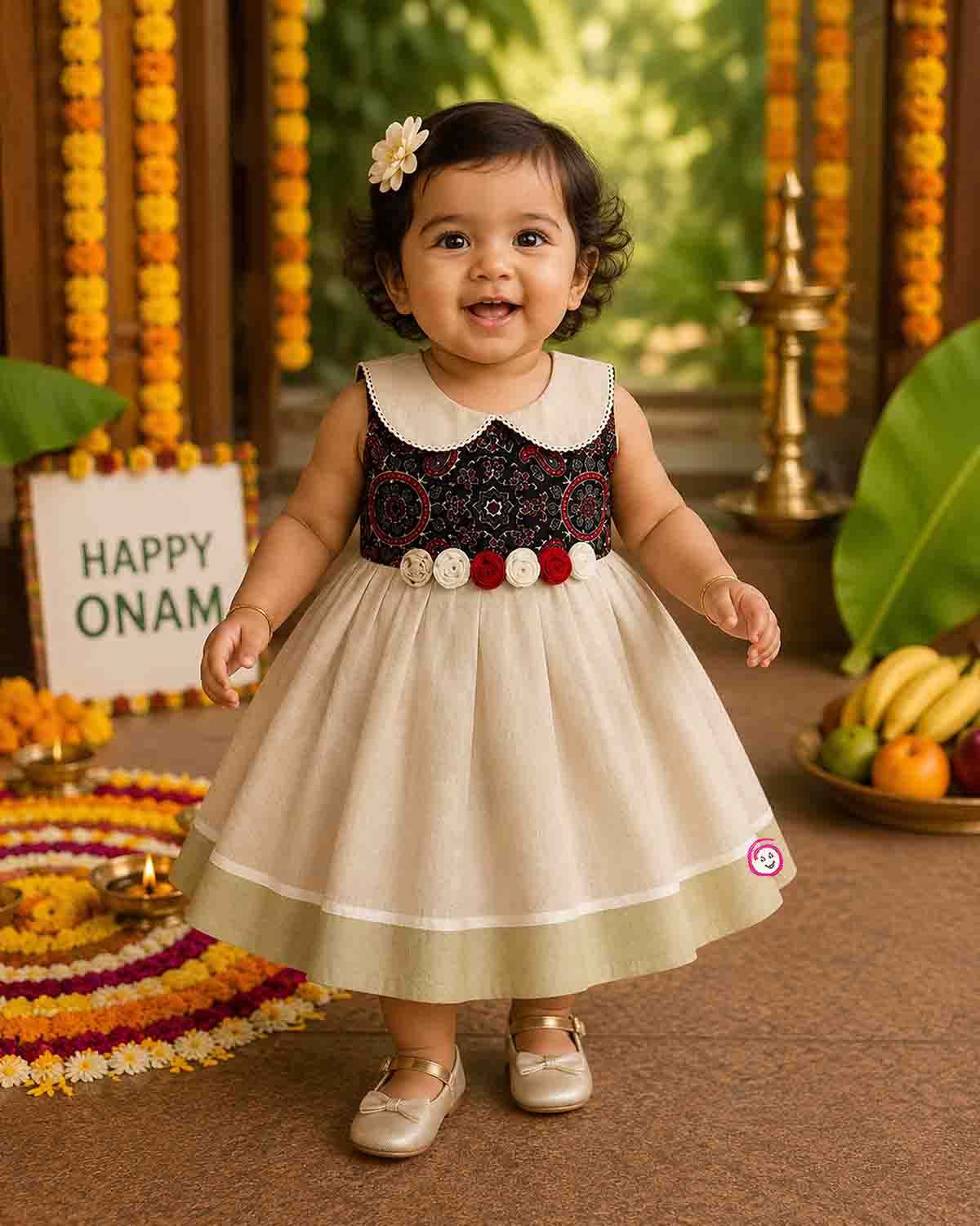 Little one wearing Ajrakh print peter pan collar frock with waist rosette detail and Kasavu border
