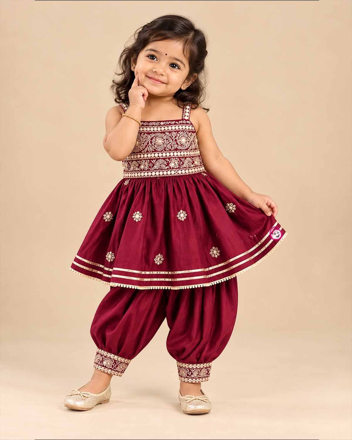 Infant silk patiyala set with embroidered sleeveless top and dhoti pants for festive wear
