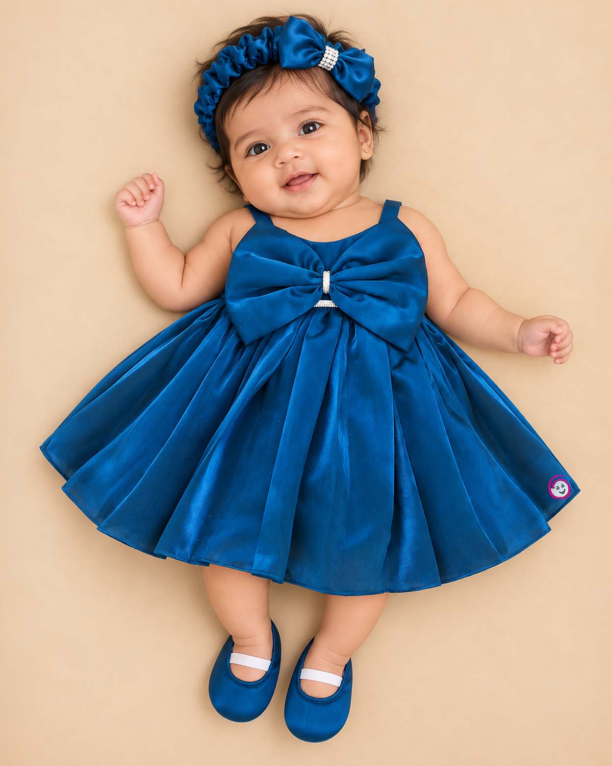 Peacock blue satin bow party frock for girls with shoulder straps
