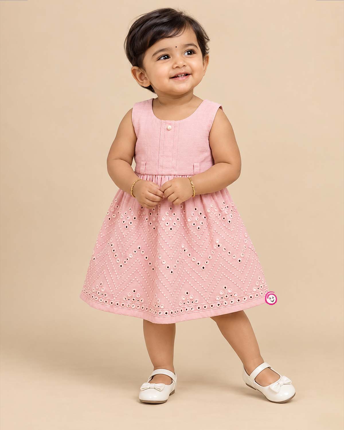 Toddler embroidered party wear frock with mirror work and round neckline