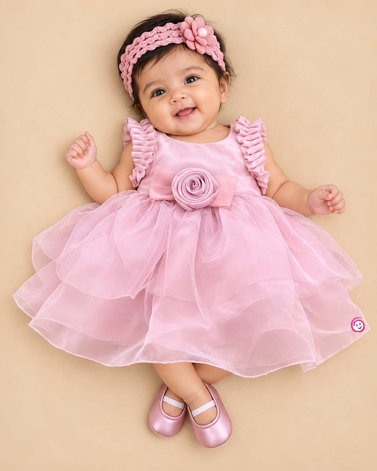 Toddler pink net frock with flower accent for girls party wear