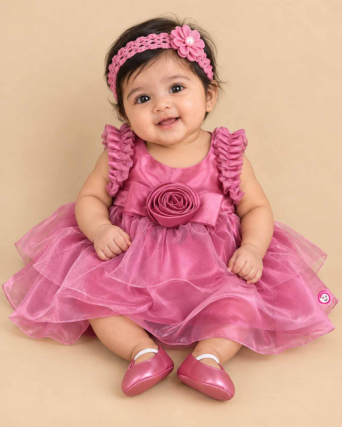 Mauve pink infant net party frock with ruffled sleeves and rose applique for baby girl birthday and wedding