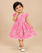 Baby girl Schiffli embroidered casual frock with cap sleeves and scalloped hem
