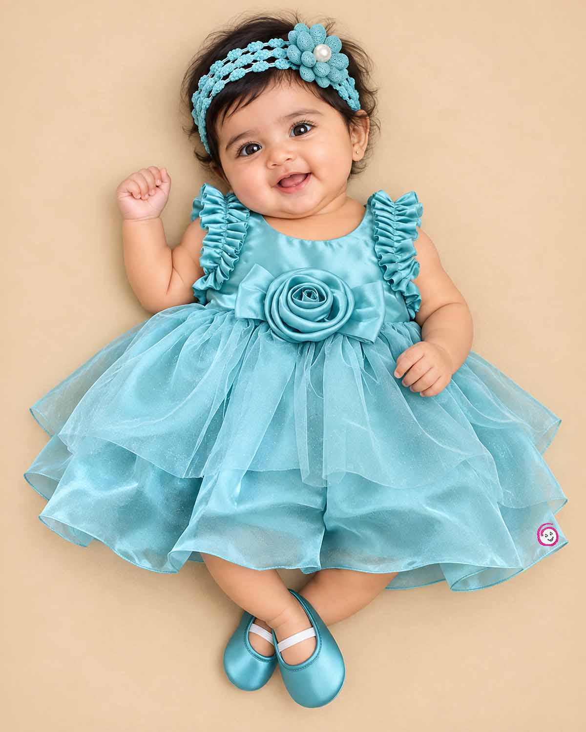 Aqua blue toddler net frock with rose flower applique for birthday party