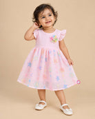 Infant textured floral casual frock with flutter sleeves and chest brooch detail