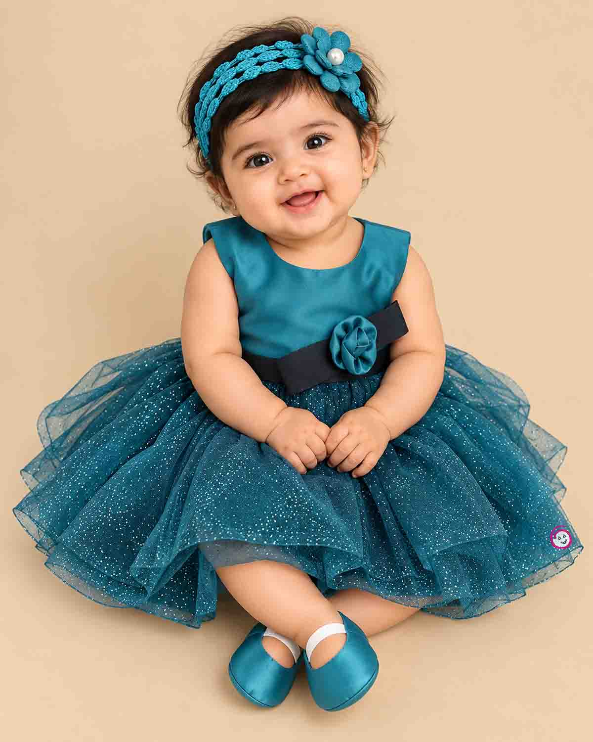 Teal blue and dark green glitter net party frock for girls with flower bow accent