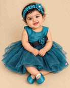 Teal blue and dark green glitter net party frock for girls with flower bow accent