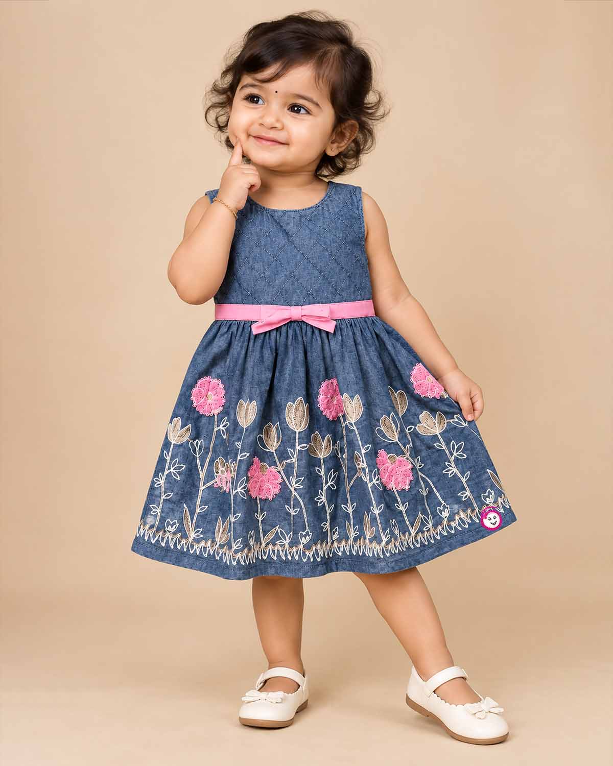 Toddler embroidered denim frock with bow accent and floral embroidery for girls